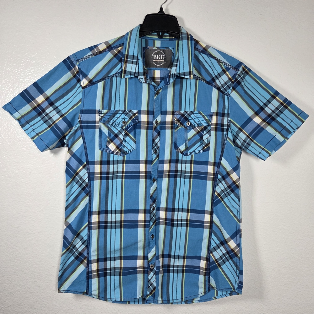 BKE Men’s Blue Plaid Short Sleeve Button-Up Shirt Standard Fit XL